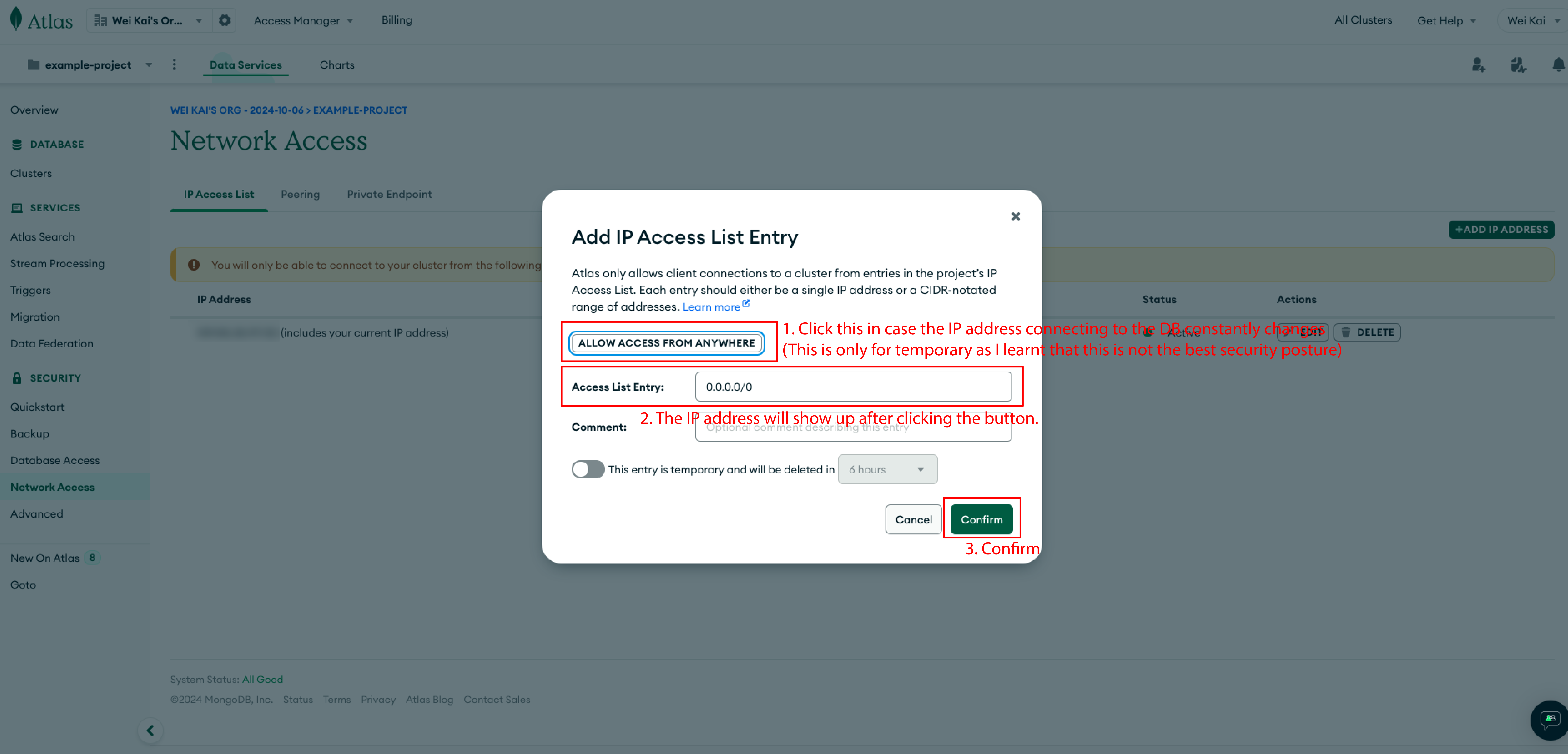 mongodb network access list page